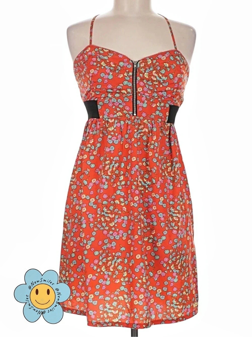 Billabong ~ Floral Mini ~ Red ~ Waist Panels ~ Zipper Down Front ~ Yellow Trim